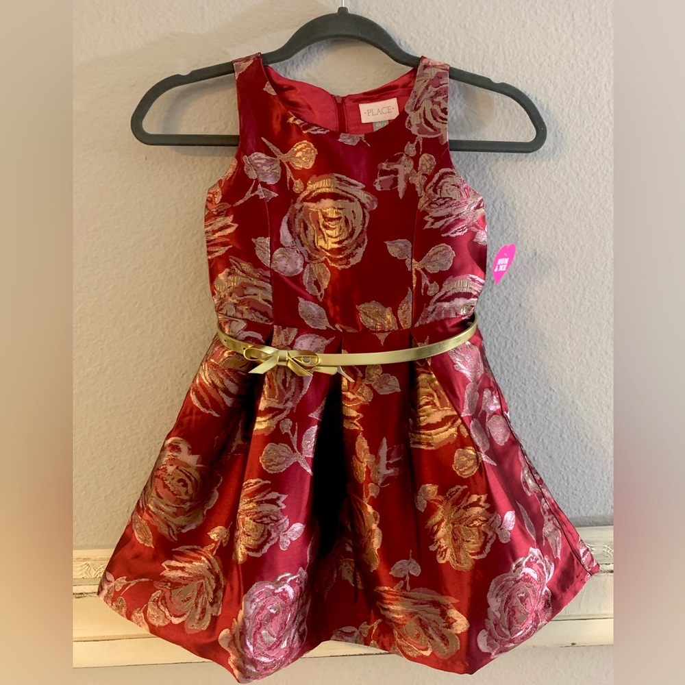 Girls Rose Jacquard Party Dress with Gold Bow Belt - Size M (6X/7)